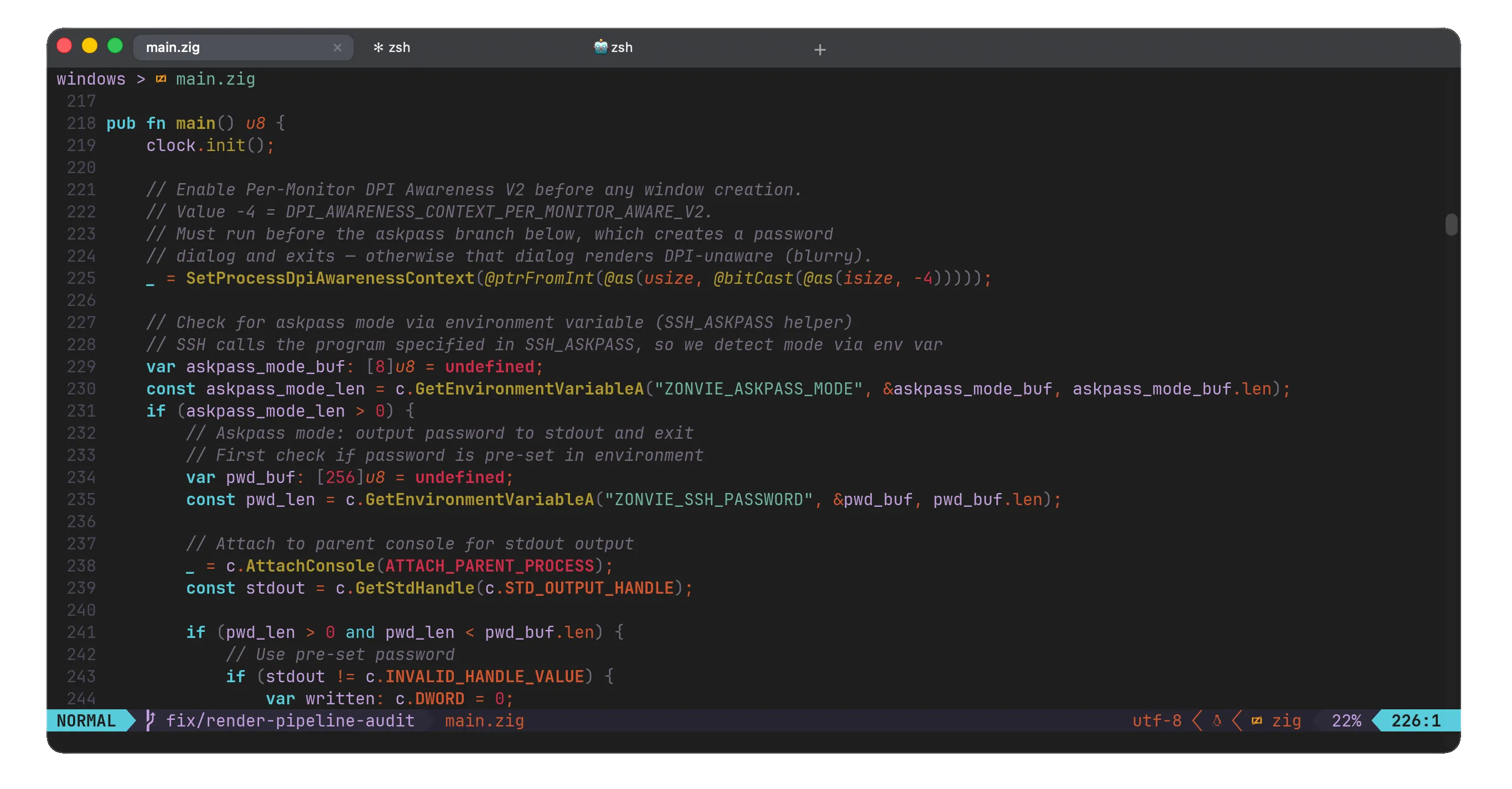 Zonvie editing a Zig source file, showing the external tabline and status line